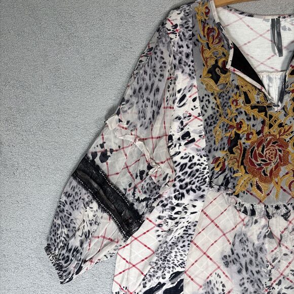 Anthropologie Women’s Mathilda Balloon Sleeve Mixed Print Blouse XL Sheer Boho - Picture 5 of 15